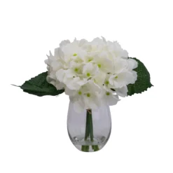 Garden Store 30 17cm White Hydrangeas Artificial Plant In Clear Glass Vase