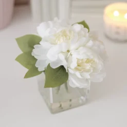 19cm White Roses Artificial Plant In Clear Square Glass Vase -Garden Store 19cm white roses artificial plant in clear square glass vase5010795682690 01i