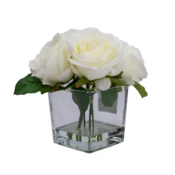Garden Store -Garden Store 19cm white roses artificial plant in clear square glass vase5010795682690 02c bq