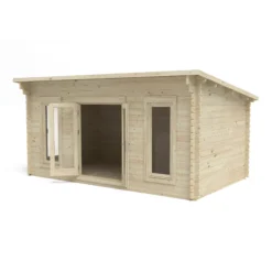Forest Garden Elmley 5x3 Toughened Glass Pent Loglap Solid Wood Cabin With Double Door -Garden Store forest garden elmley 5x3 toughened glass pent loglap solid wood cabin with double door5013053181430 04c bq