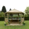 Forest Garden Furnished Timber Roof Hexagonal Gazebo, (W)4900mm (D)4240mm (Green Cushion Included) -Garden Store forest garden furnished timber roof hexagonal gazebo w 4900mm d 4240mm green cushion included 5013053172643 01i
