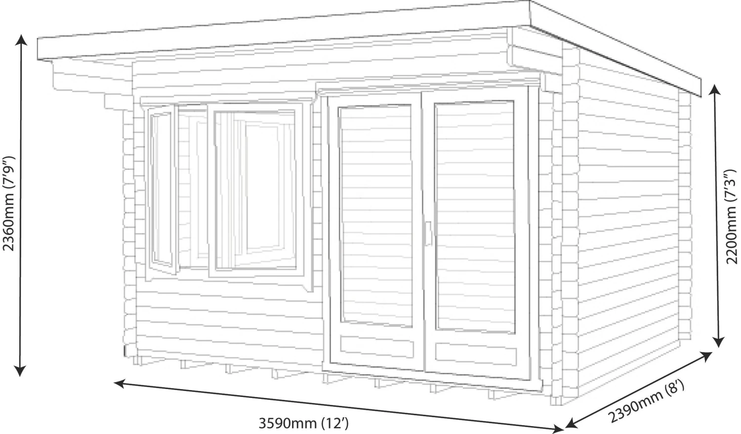 Shire Danbury 12x8 Glass Pent Tongue & Groove Wooden Cabin - Base Not Included 9 Shire Danbury 12x8 Glass Pent Tongue & Groove Wooden Cabin - Base Not Included - Image 7